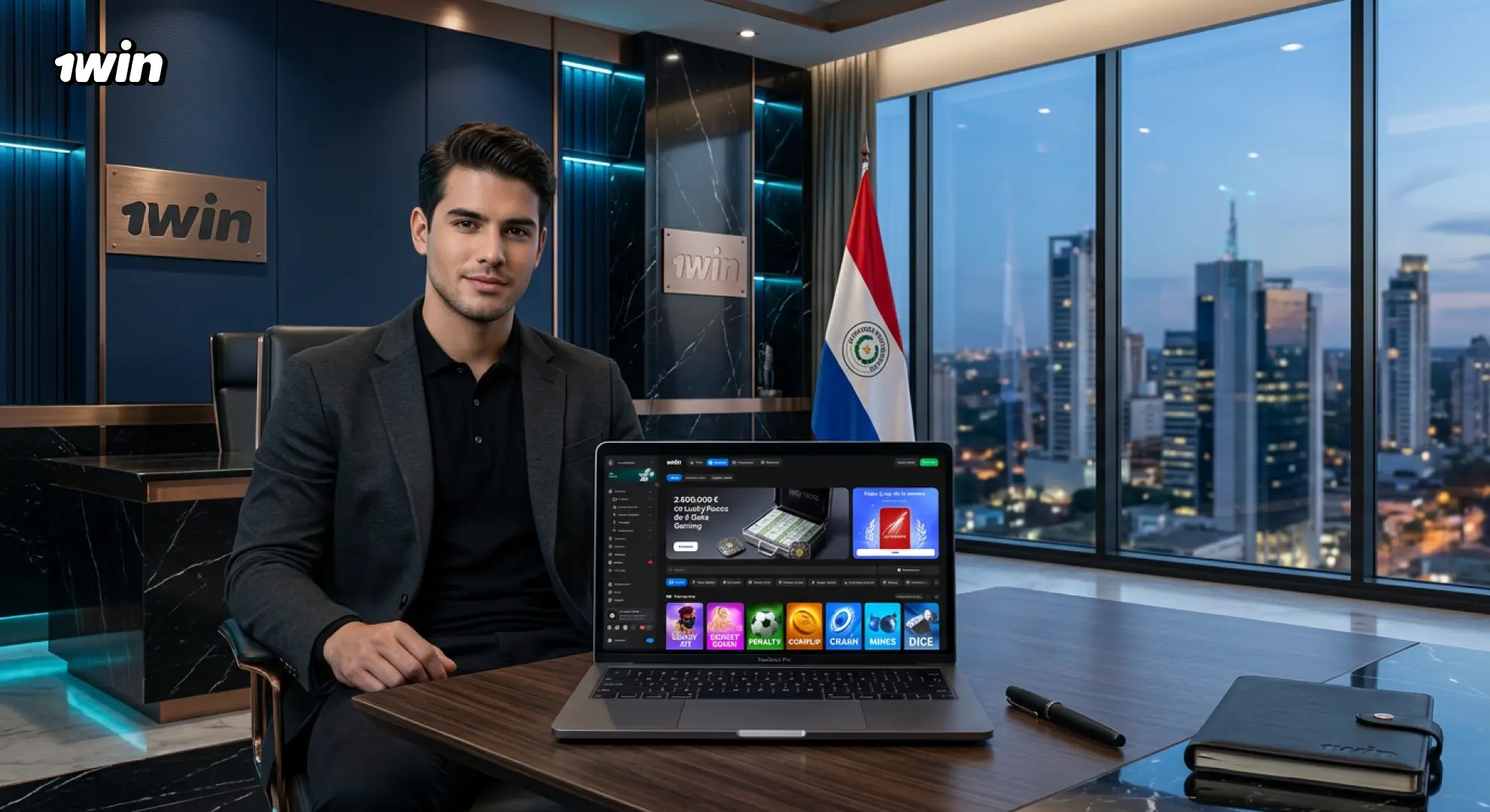 Ejecutivo con notebook mostrando la plataforma 1win con la bandera de Paraguay
